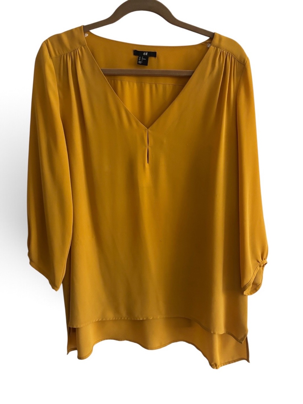 H&M Mustard Yellow 3/4 Sleeve V-Neck Lightweight High Low Hem Blouse, Size 12